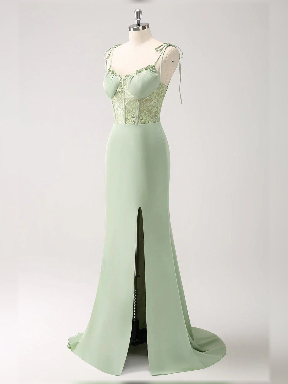 V Neck Corset Slit Floor-Length Formal Dress