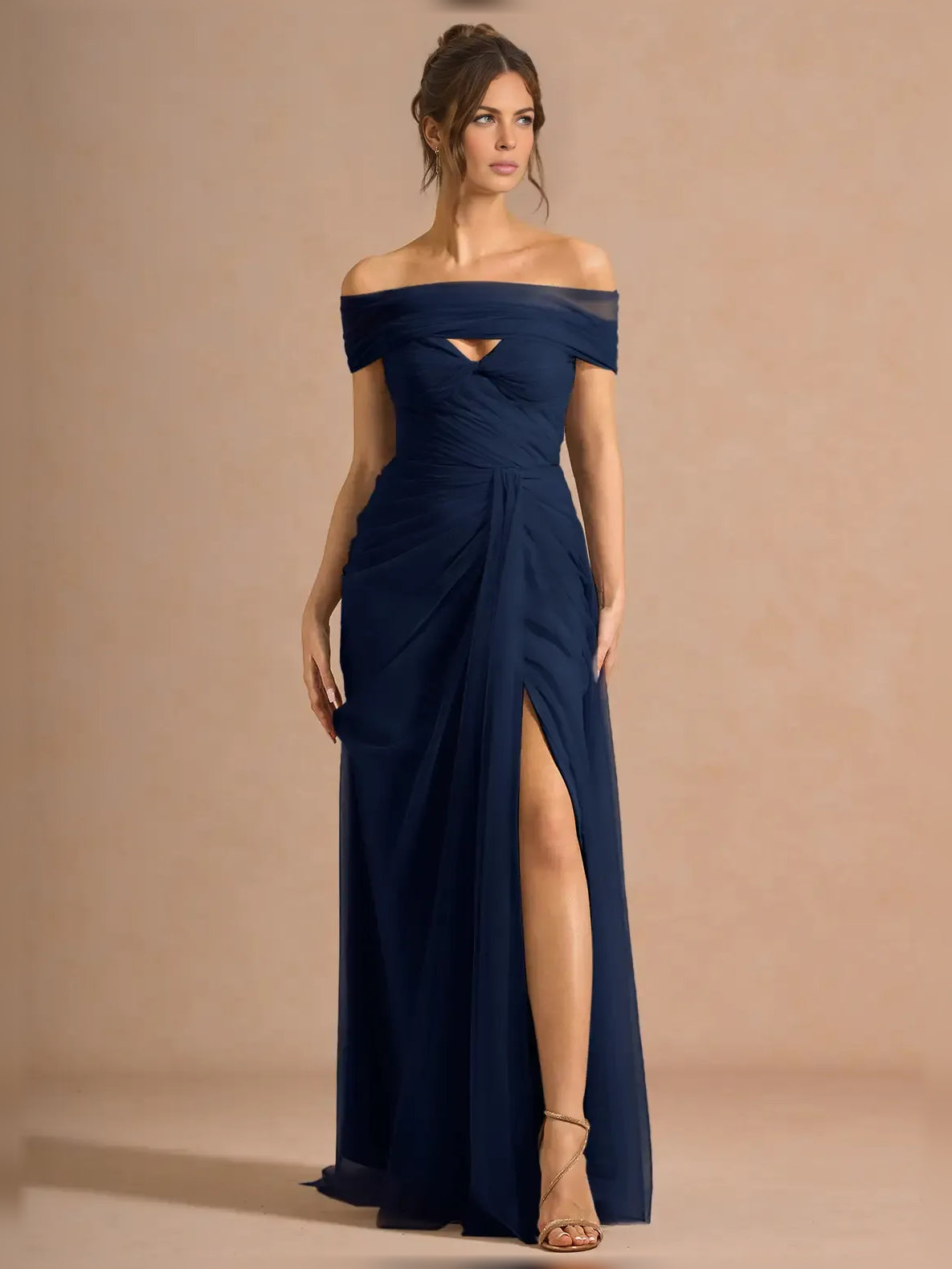 Off-The-Shoulder Ruching Slit Floor-Length Elegant Formal Dress