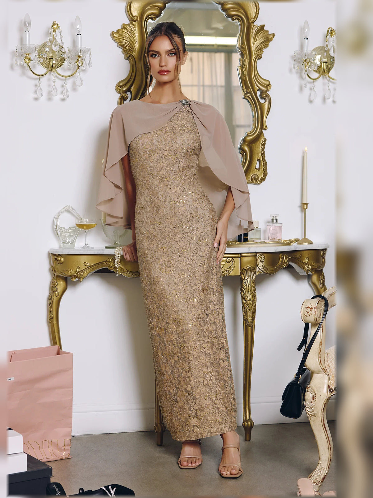 Slit Sheath Lace Midi Formal Dress