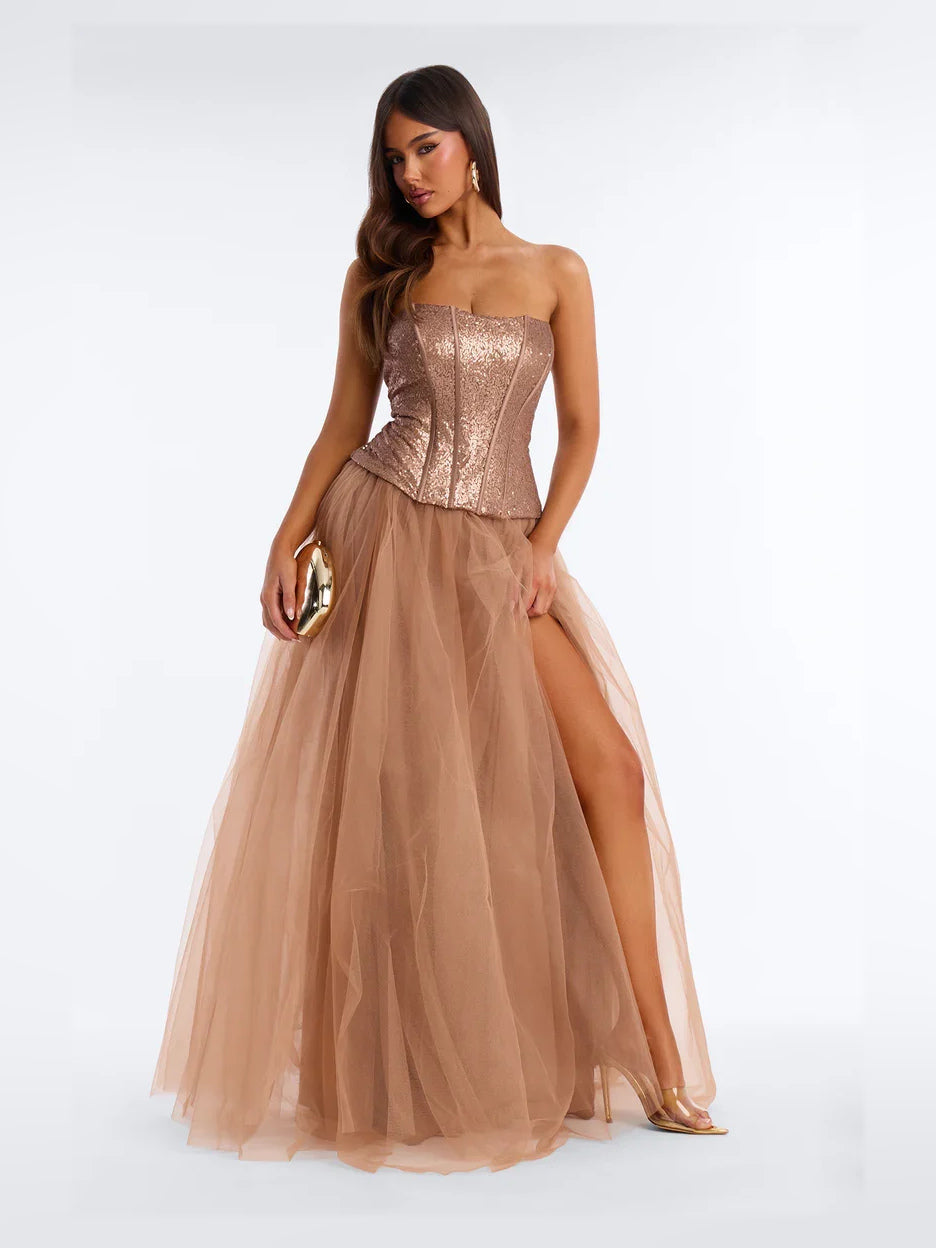 Corset Side-Slit Slit Strapless A-Line Floor-Length Tulle Prom Dress for Formal Reception