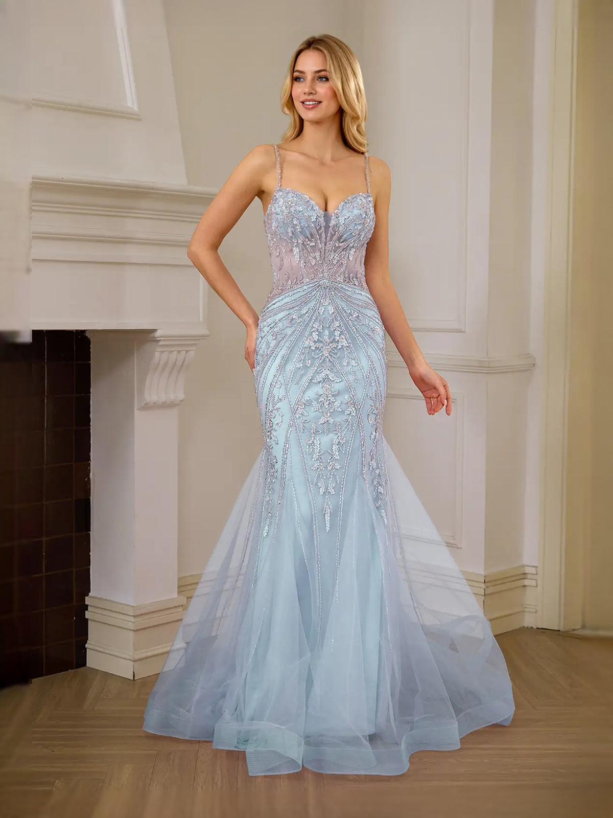 Cut-Out Beaded Sweetheart Mermaid Floor-Length Tulle Prom Dress for Red Carpet Event