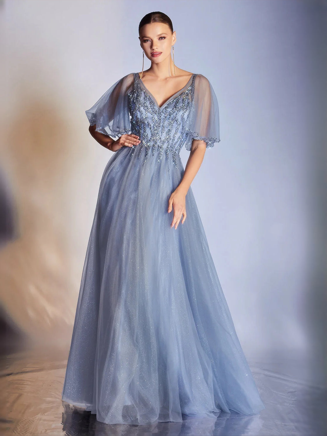 Draped Layered V Neck A-Line Floor-Length Tulle Prom Dress for Senior Prom