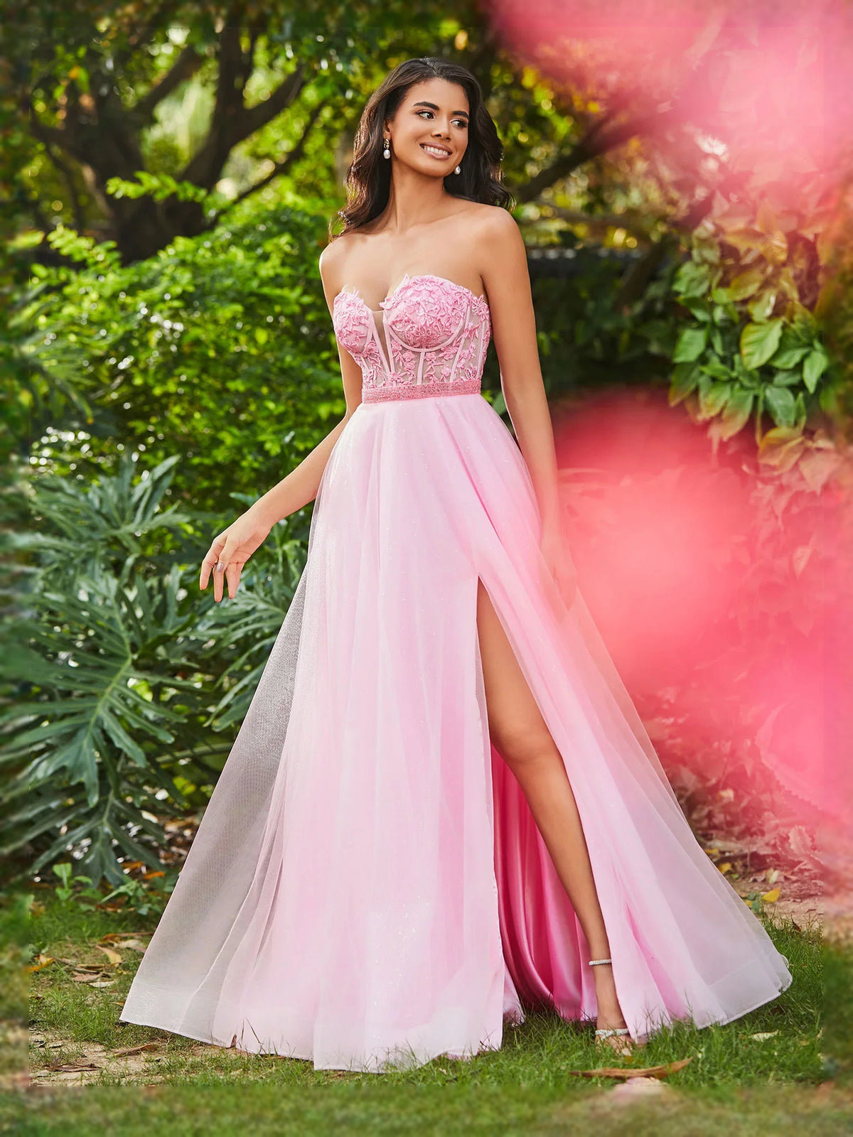 Corset Side-Slit Slit Sweetheart A-Line Floor-Length Tulle Prom Dress for Celebration Dinner
