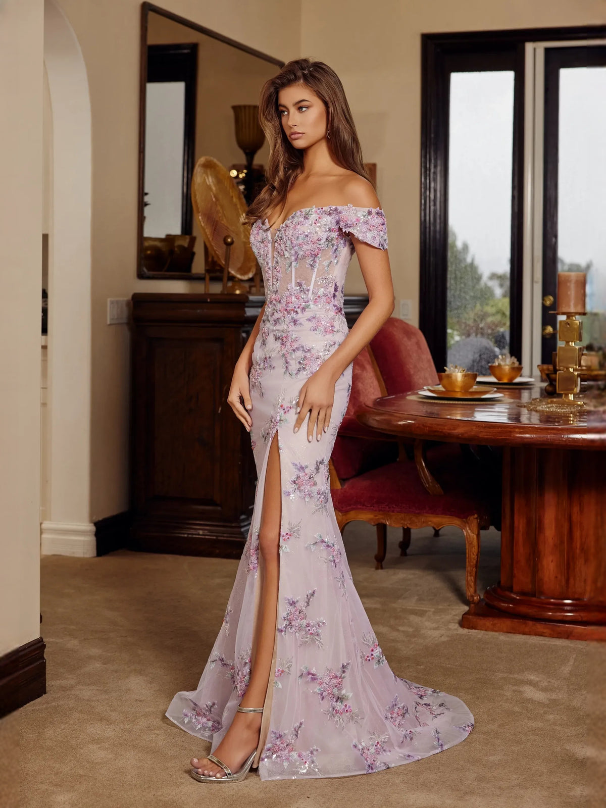 Corset Front-Slit Floral Slit Off Shoulder Mermaid Floor-Length Tulle Prom Dress for Evening Banquet