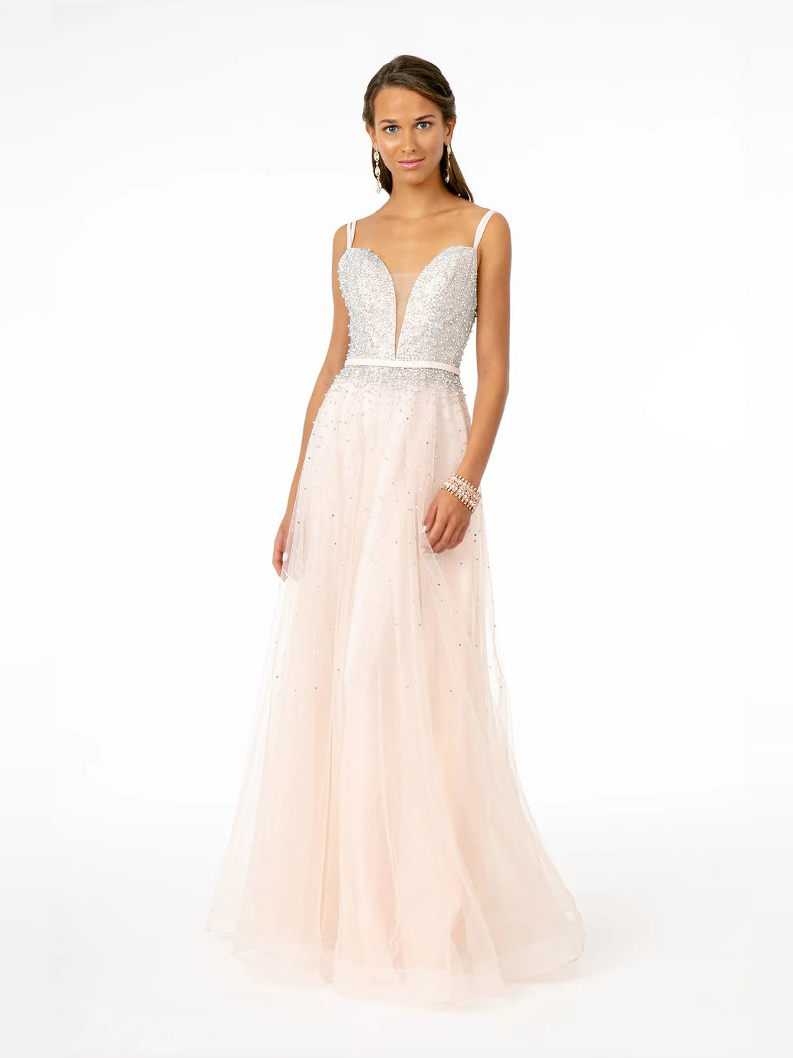 Beaded V Neck A-Line Floor-Length Satin Prom Dress for Formal Party