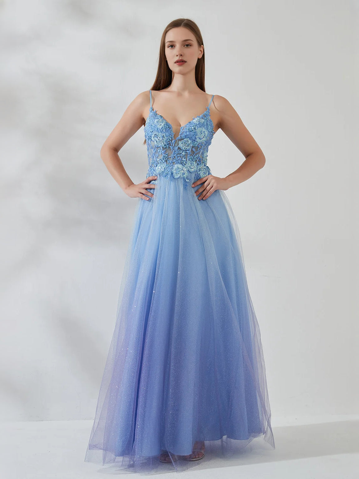 Corset Glitter Floral V Neck A-Line Maxi Tulle Prom Dress for Pageant