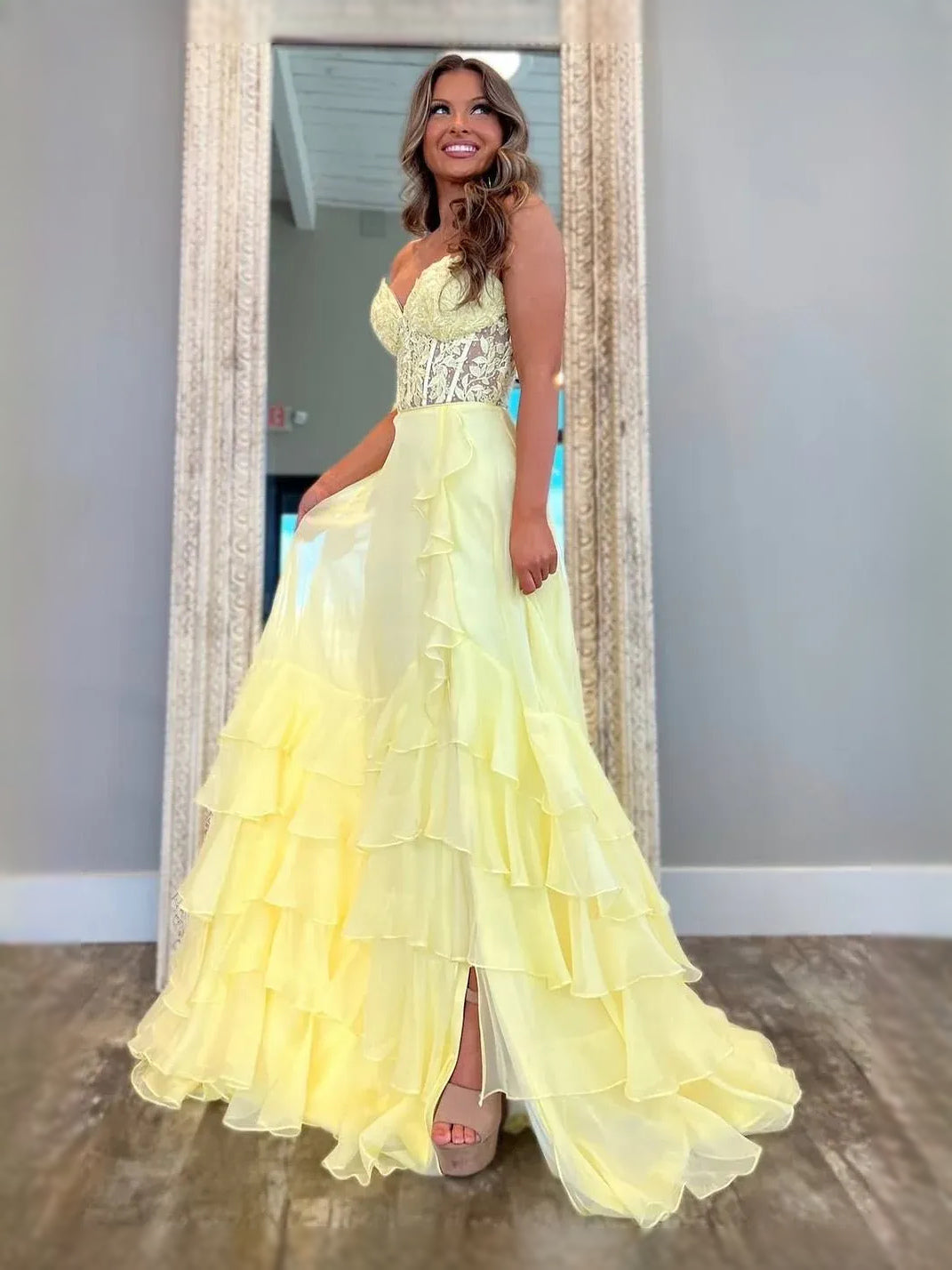 Corset Ruffled Floral Slit Sweetheart A-Line Floor-Length Chiffon Prom Dress for Special Occasion