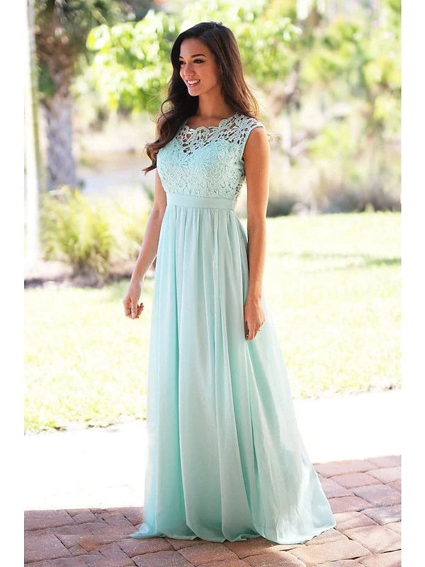 Jewel Neck A-Line Maxi Chiffon Bridesmaid Dress for Garden Wedding