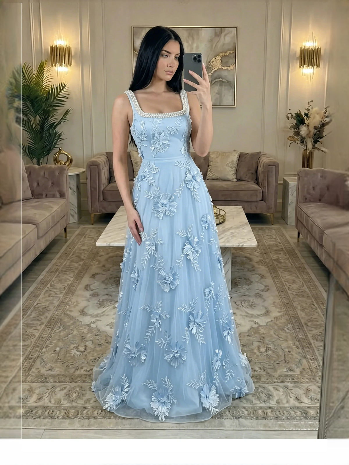 Draped Beaded Floral Square Neck A-Line Floor-Length Tulle Prom Dress for Winter Formal