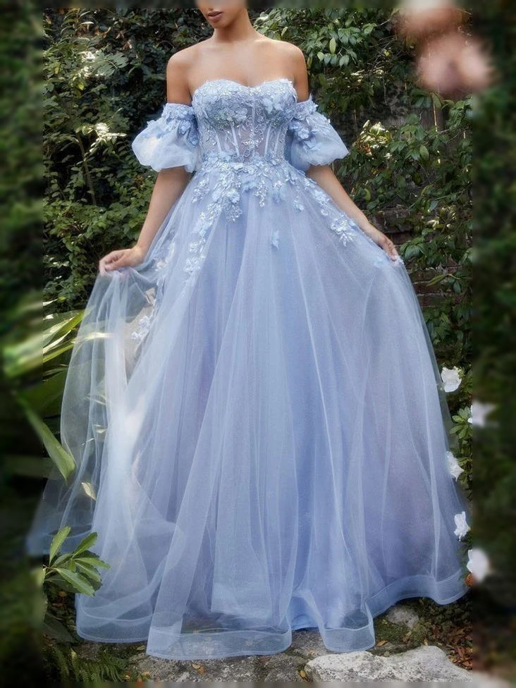 Floral Sweetheart A-Line Maxi Tulle Prom Dress for Formal Dance