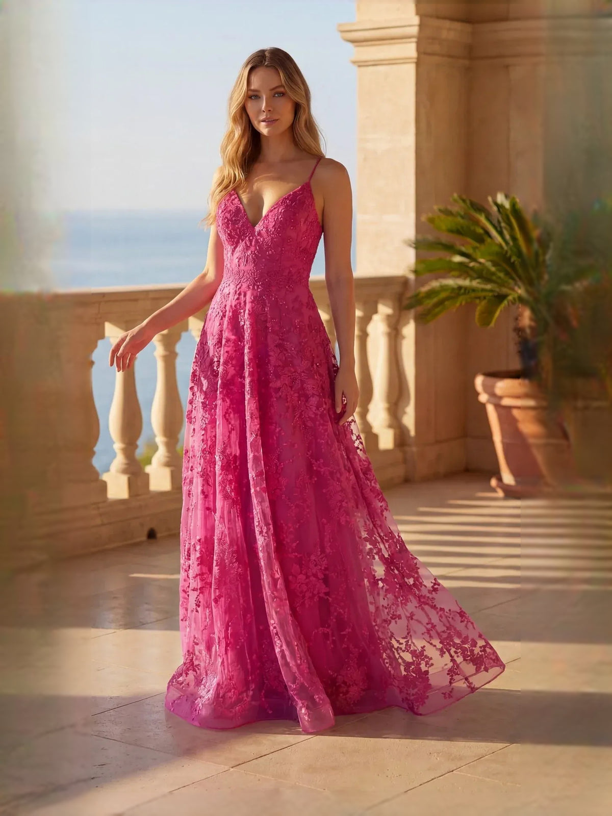 Embroidered Floral Plunging Neckline A-Line Floor-Length Satin Prom Dress for Ballroom Event