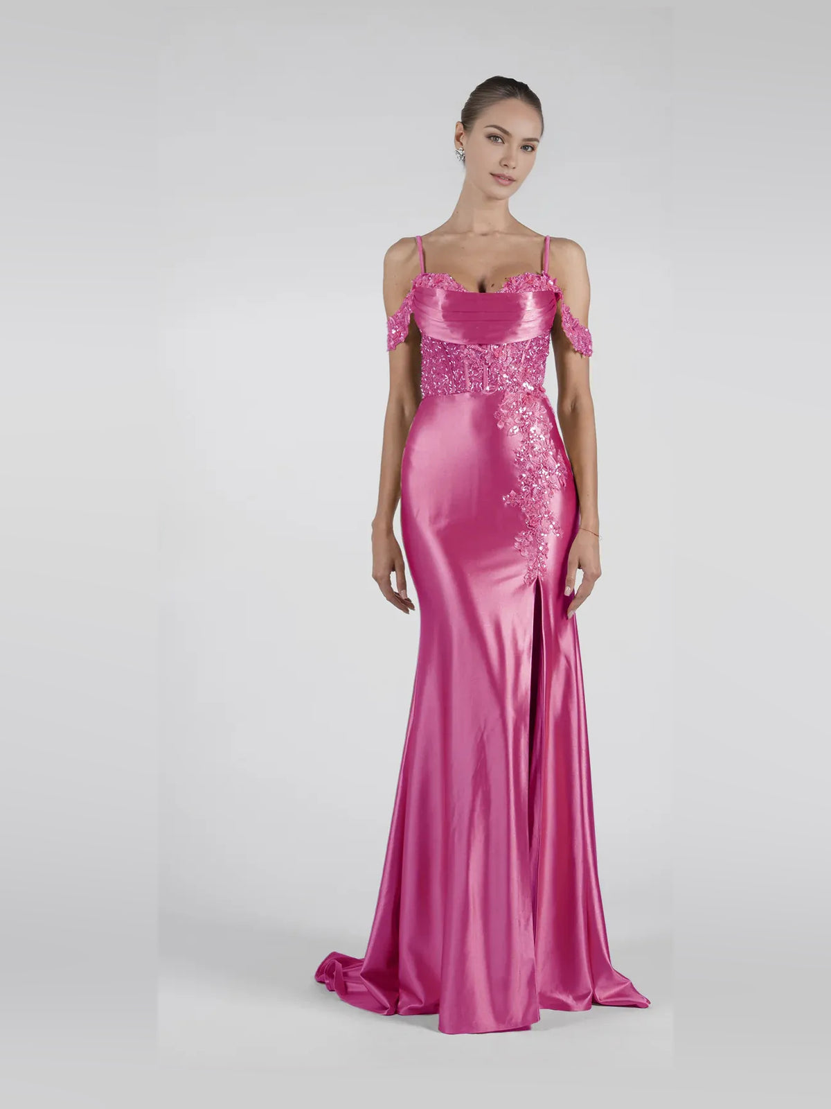 Corset Front-Slit Floral Slit Off Shoulder Mermaid Floor-Length Satin Prom Dress for Hotel Gala