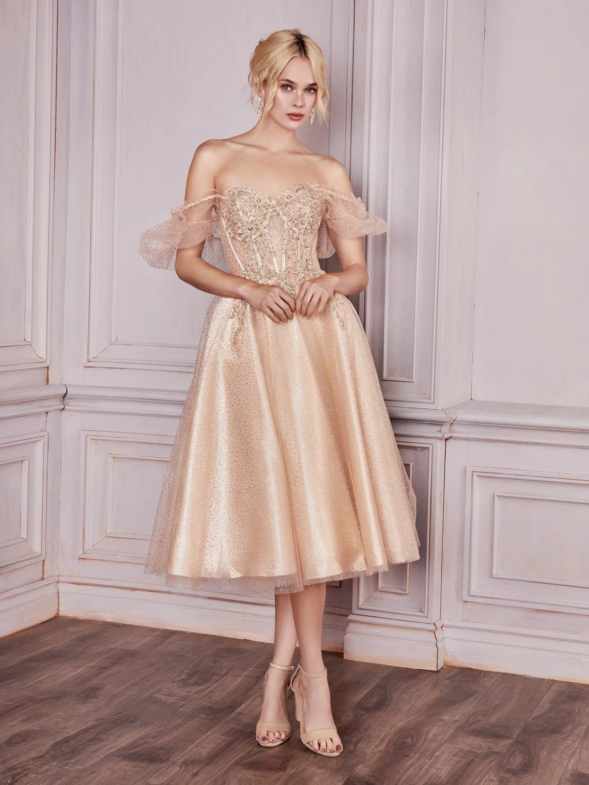 Corset Layered Square Neck A-Line Tea-Length Tulle Prom Dress for Ballroom Event