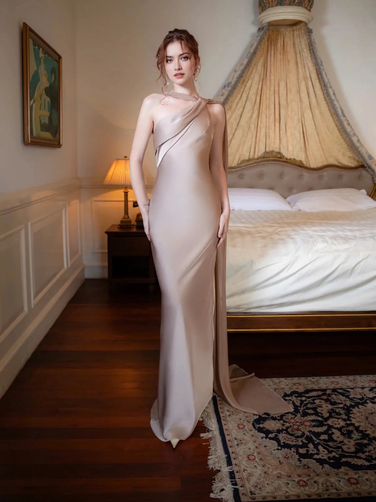 Draped One Shoulder Mermaid Floor-Length Satin Wedding Dress for Church Wedding
