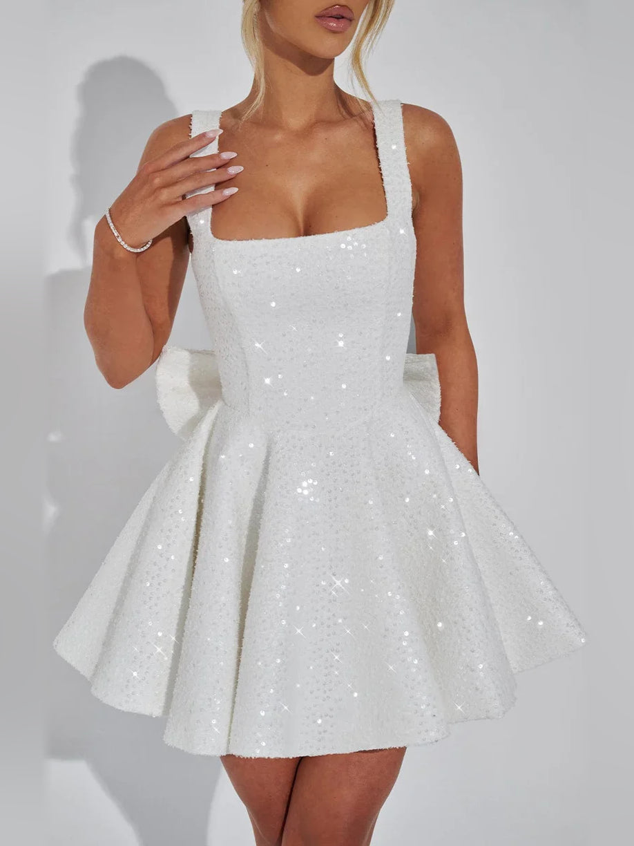Bow Sequin Square Neck A-Line Mini Homecoming Dress for Special Event
