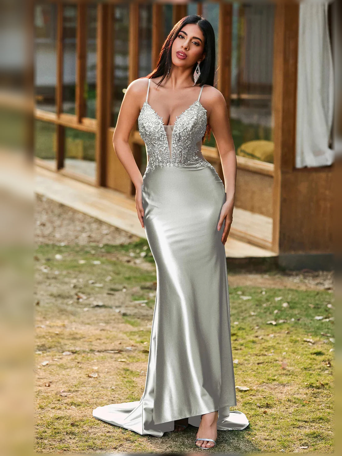 V Neck Corset Lace-Up Back Floor-Length Formal Dress