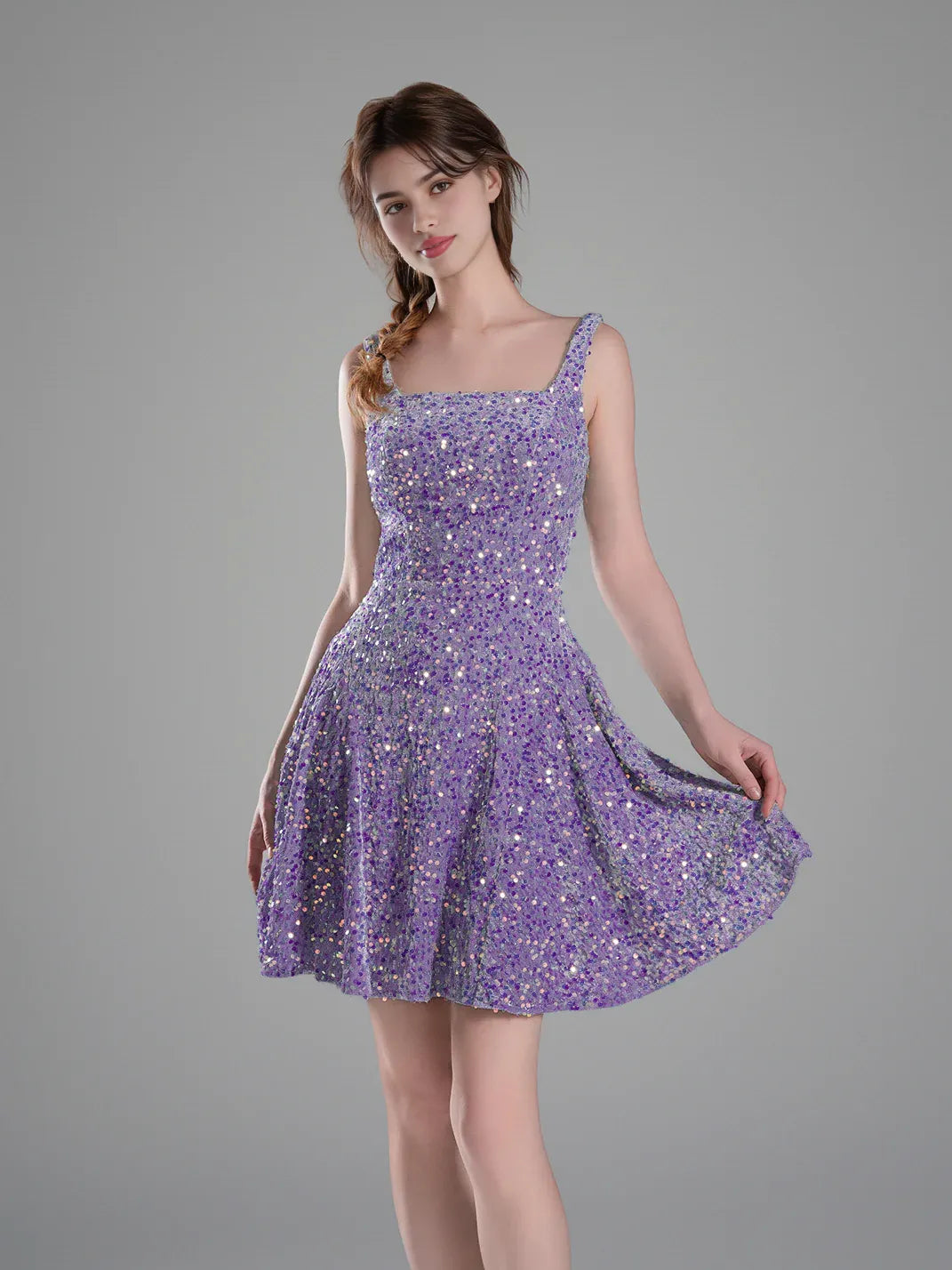 Sequin Square Neck A-Line Mini Homecoming Dress for Seaside Reception