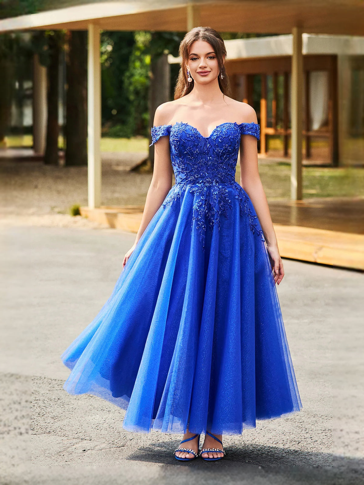 Corset Glitter Sweetheart A-Line Tea-Length Tulle Prom Dress for Special Occasion
