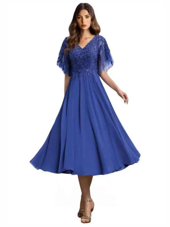 V Neck Beading A-Line Tea-Length Formal Dress