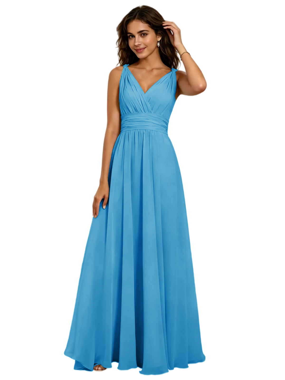 Pleated V-Neck Chiffon A-Line Bridesmaid Dress with Lace-Up Back