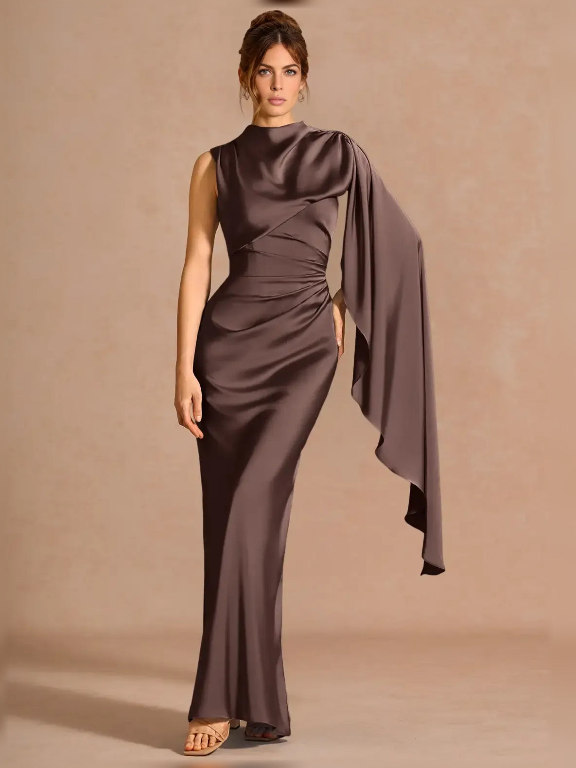 One-Shoulder Ruching Lace-Up Back Floor-Length Formal Dress