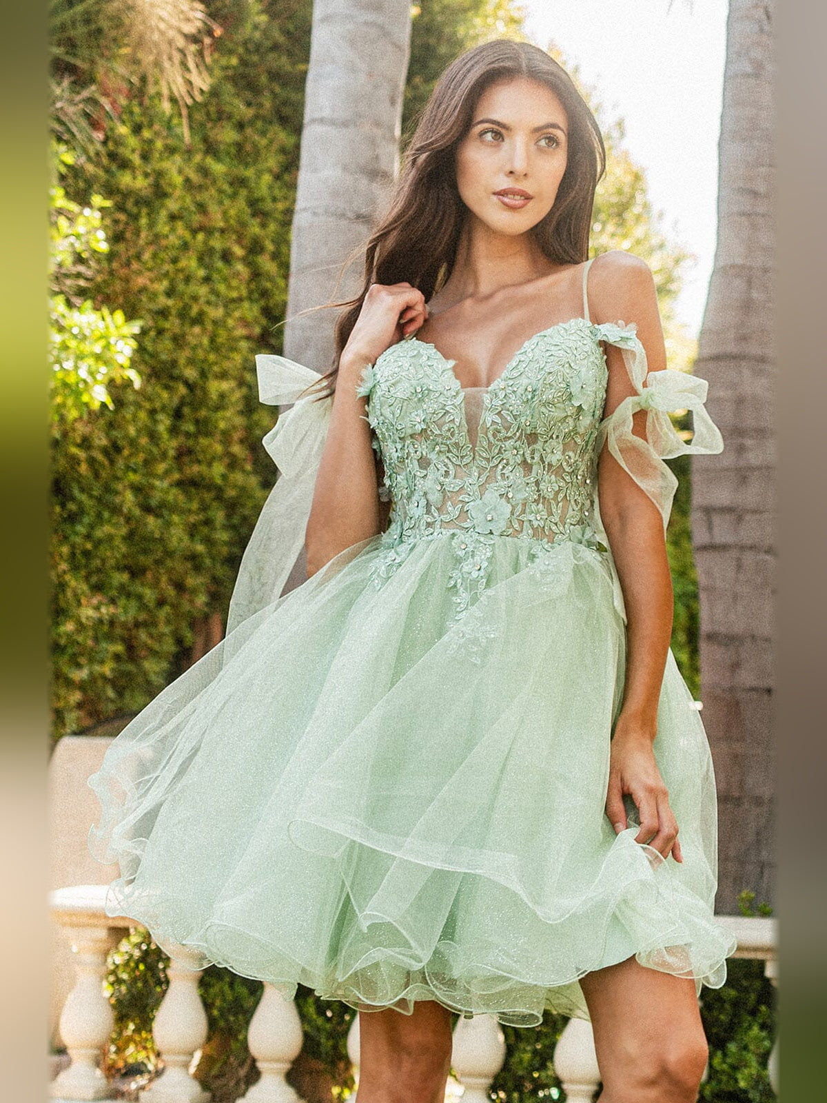 Bow Flower-Applique Floral V Neck A-Line Short Tulle Homecoming Dress for Formal Dinner