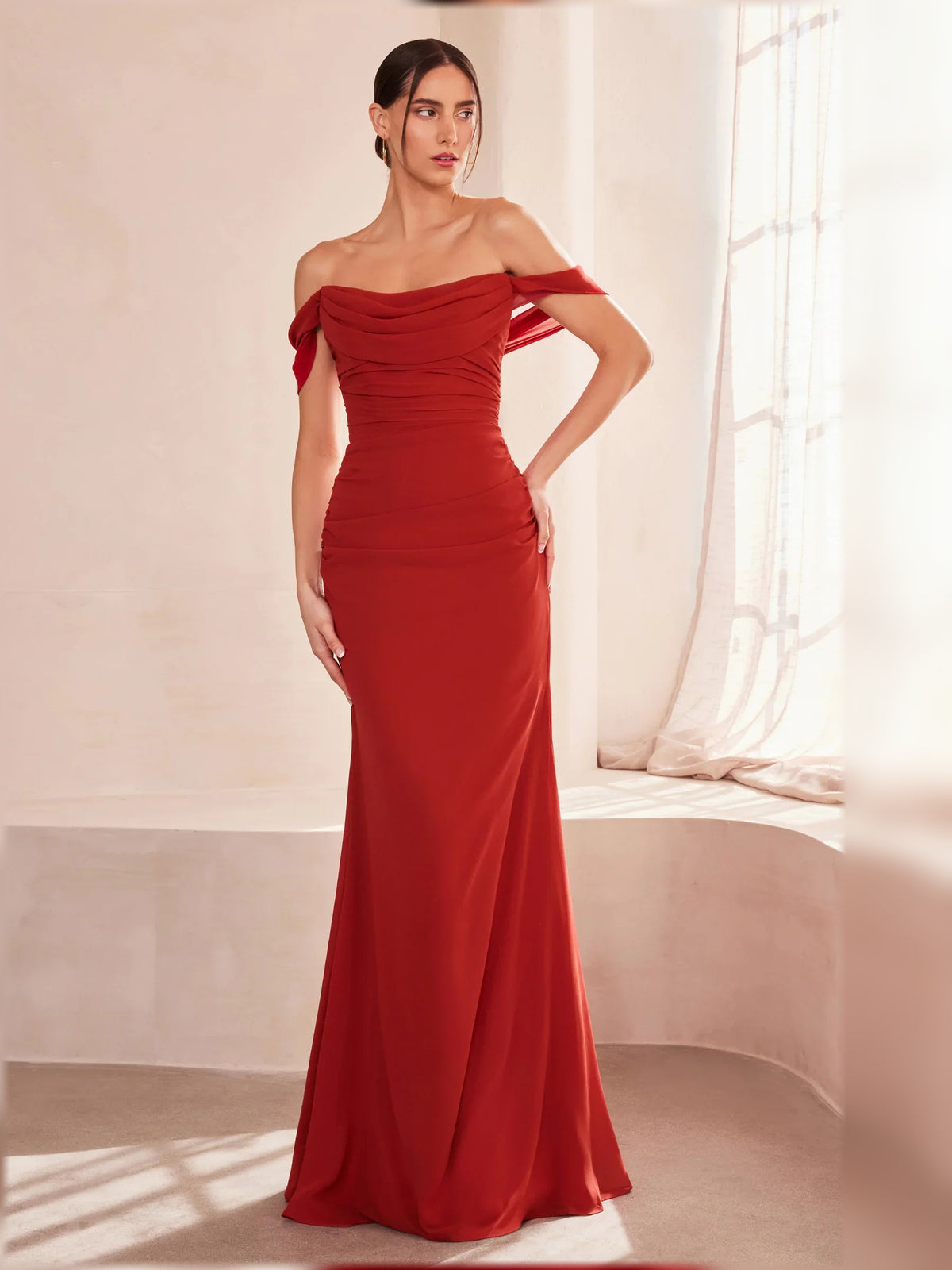 Off-The-Shoulder Ruching Lace-Up Back Floor-Length Formal Dress