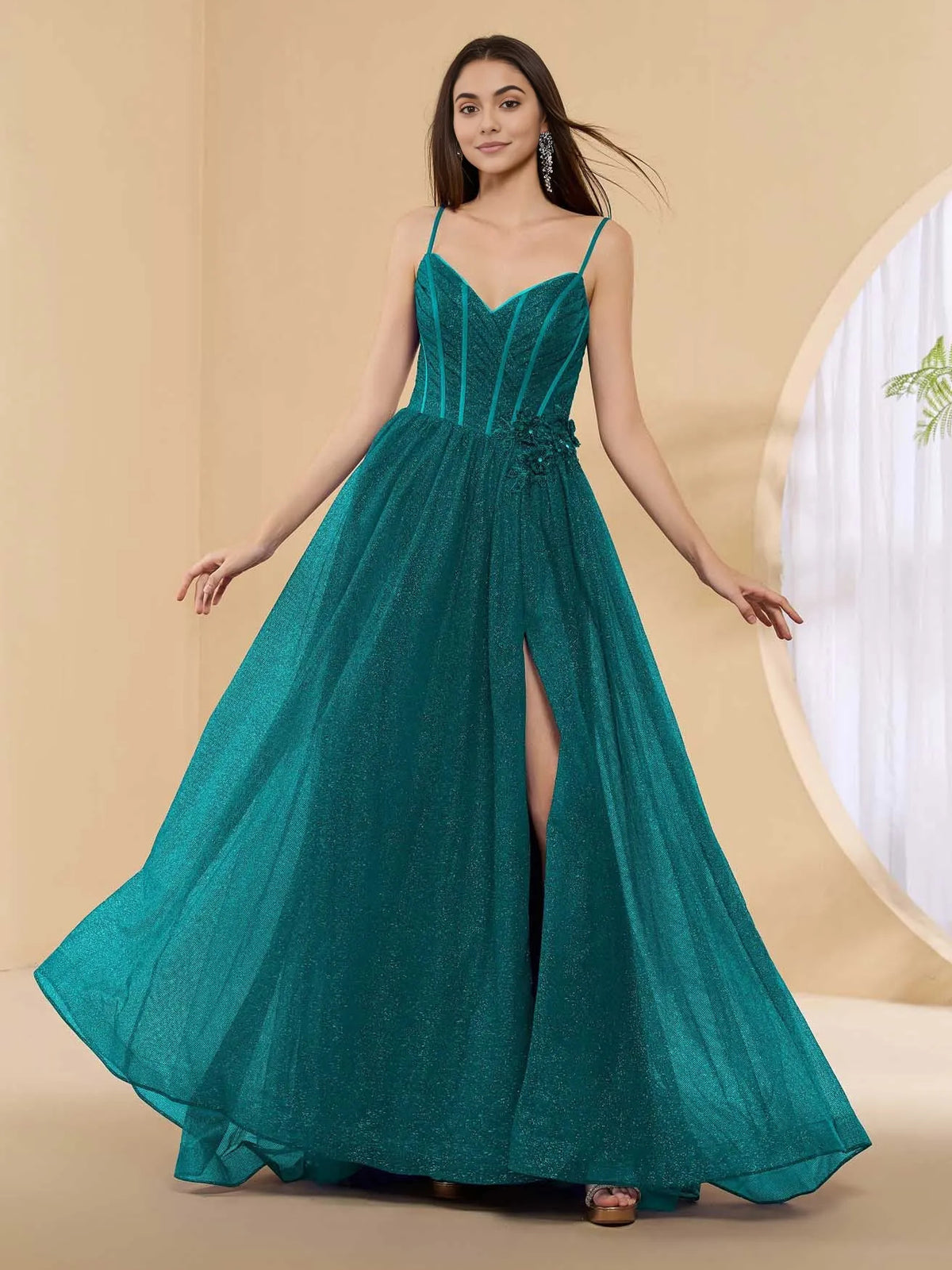 Corset Flower-Applique Floral Slit V Neck A-Line Floor-Length Tulle Prom Dress for Winter Formal