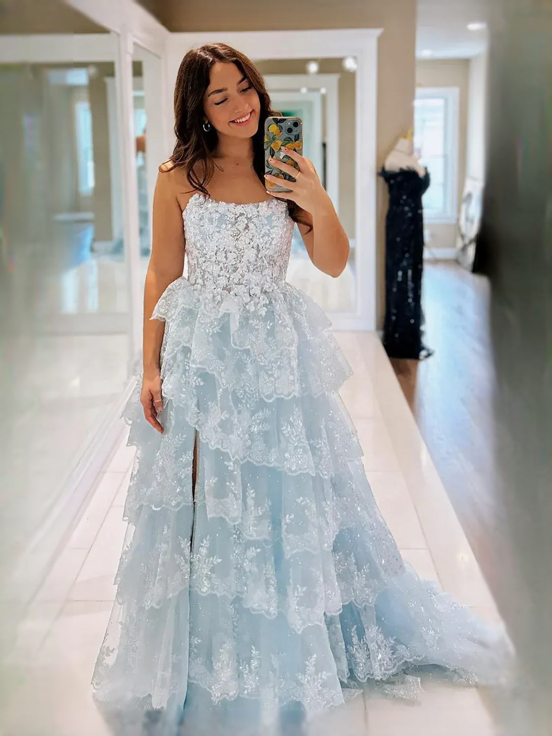 Corset Tiered Ruffled Slit Sweetheart Ball-Gown Floor-Length Tulle Prom Dress for Red Carpet Event