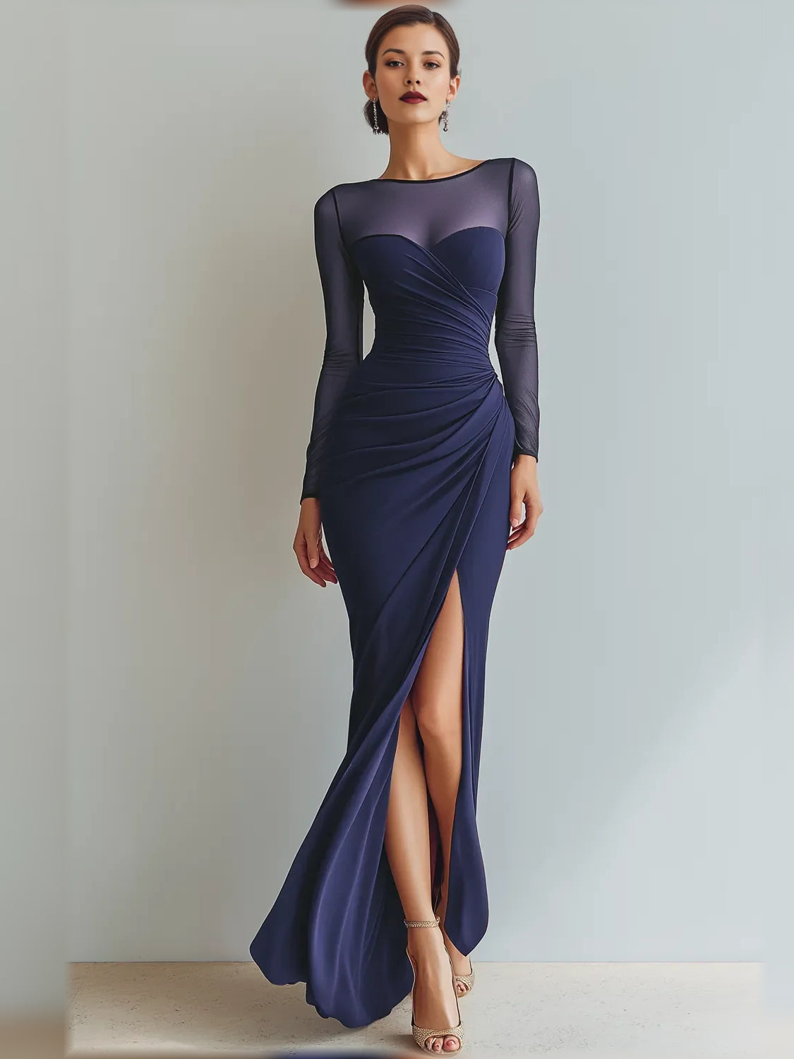 Sweetheart Long Sleeves Ruching Floor-Length Formal Dress