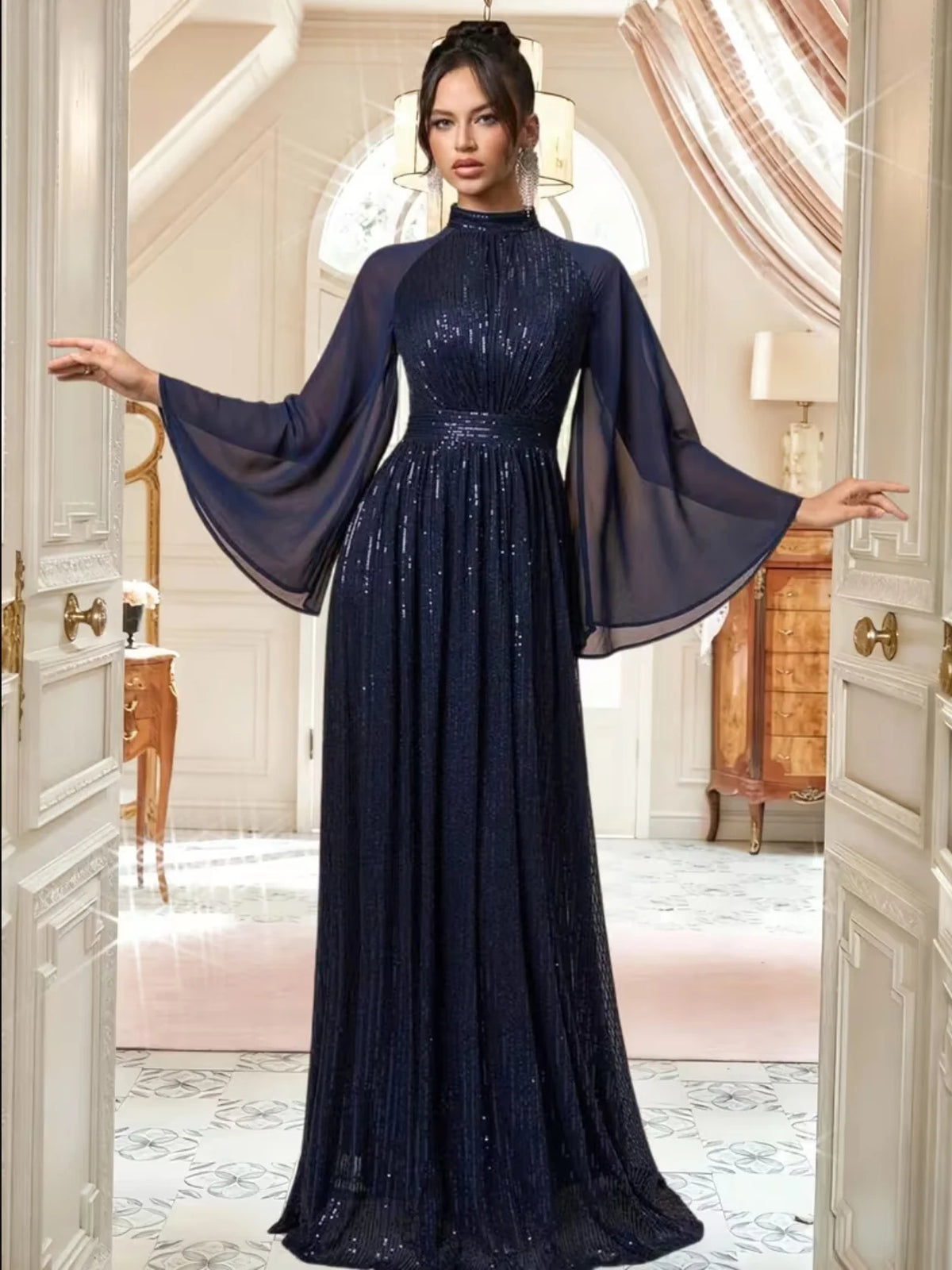 Sequin High Neck A-Line Floor-Length Chiffon Prom Dress for Formal Reception
