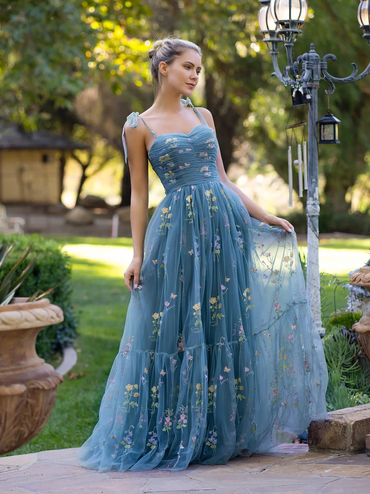 Ruched Tiered Floral Sweetheart A-Line Maxi Tulle Prom Dress for Hotel Gala