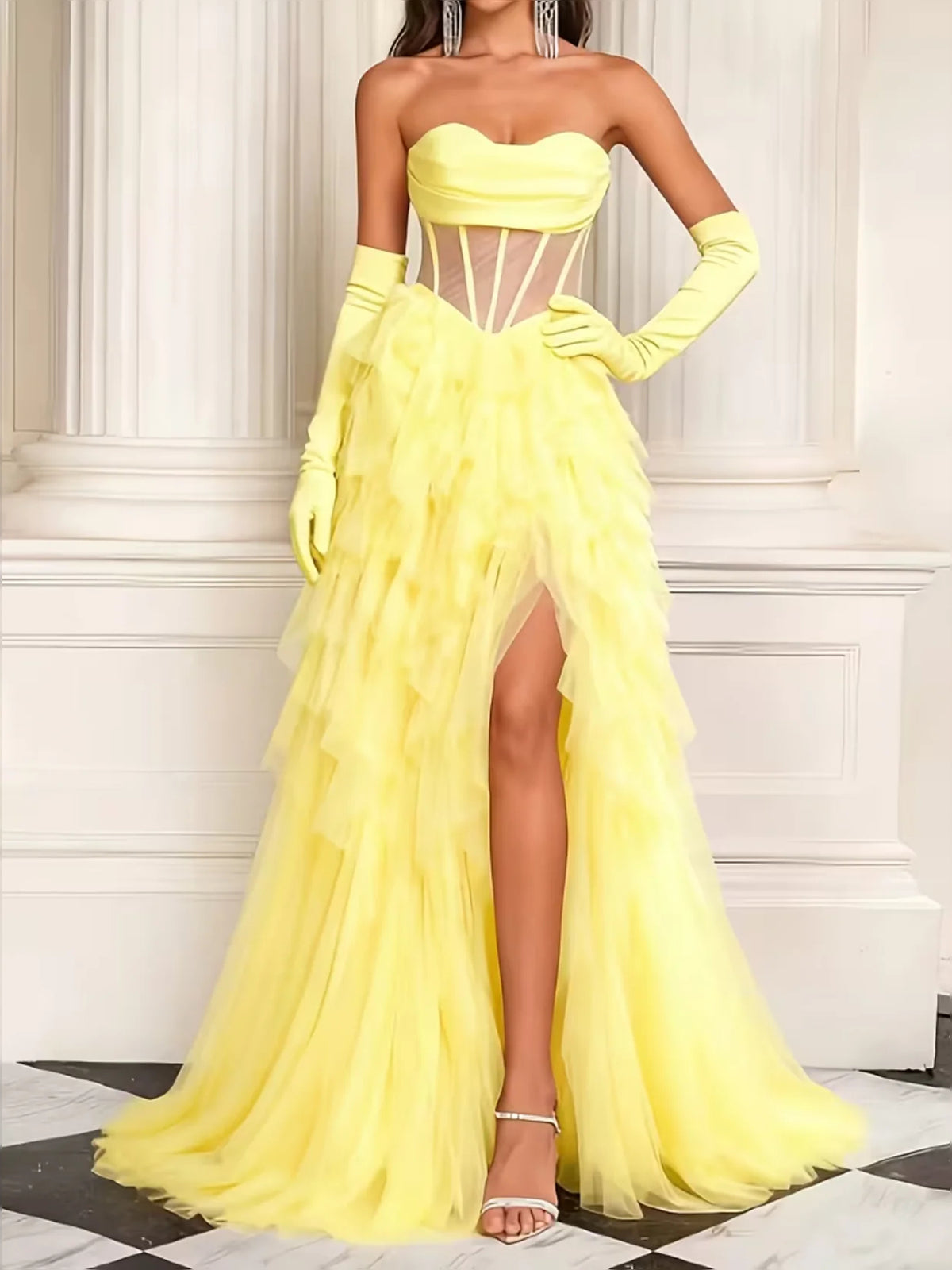 Corset Tiered Slit Strapless A-Line Floor-Length Tulle Prom Dress for Evening Ceremony
