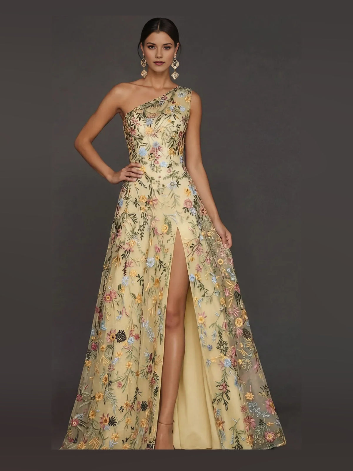 Side-Slit Layered Floral Slit One Shoulder A-Line Maxi Tulle Prom Dress for Celebration Dinner