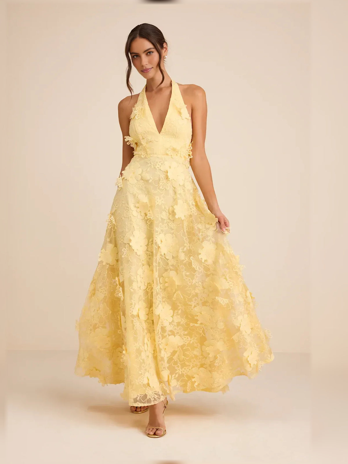 Floral Print Halter Neck Floral Appliqué Maxi Formal Dress