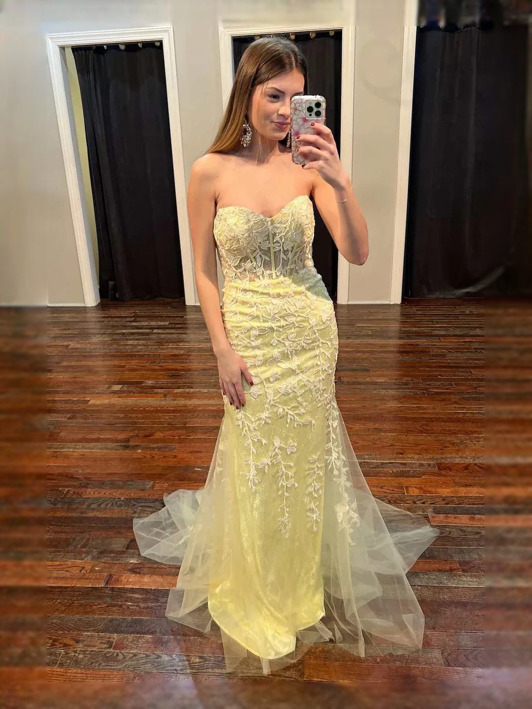 Draped Corset Floral Sweetheart Mermaid Maxi Tulle Prom Dress for Formal Reception