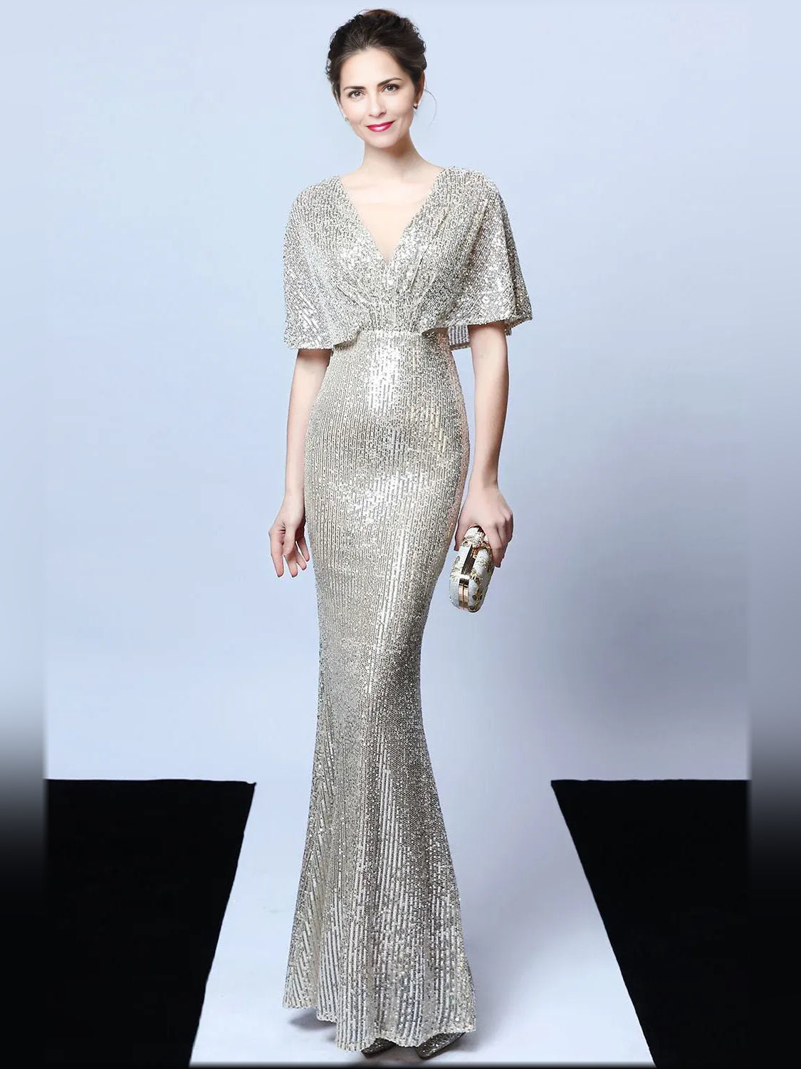 V Neck Mermaid Sequin Floor-Length Formal Dress
