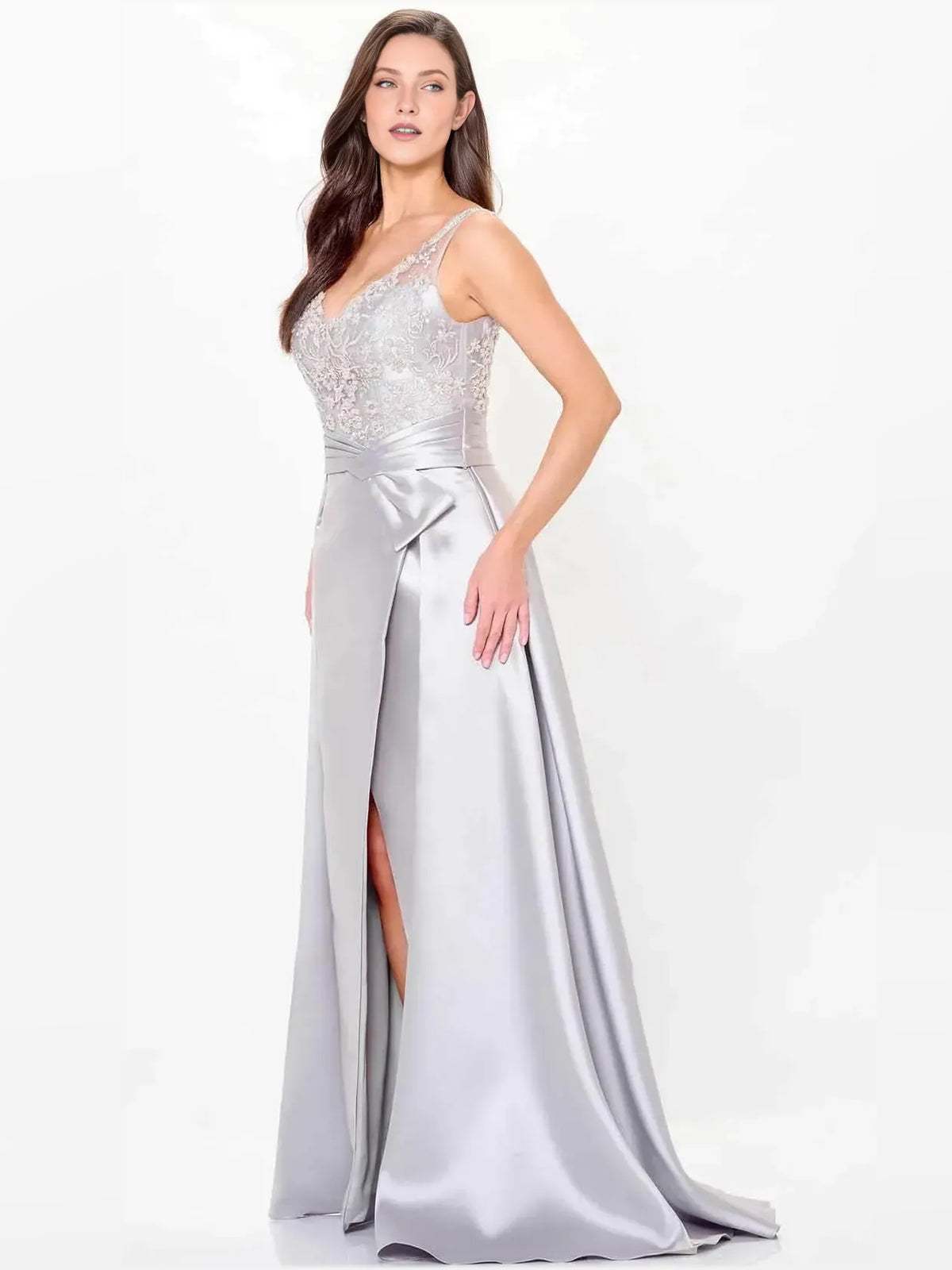 V Neck Slit Open Back Floor-Length Glamorous Formal Dress