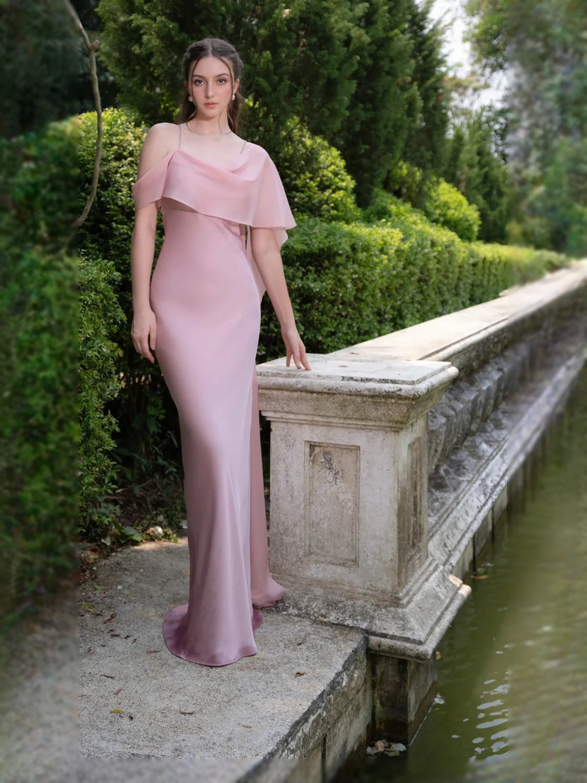 Draped Off Shoulder Mermaid Floor-Length Satin Wedding Dress for Estate Wedding