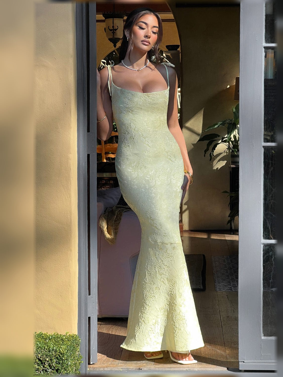 Floral Print Square Neck Lace-Up Back Floor-Length Formal Dress