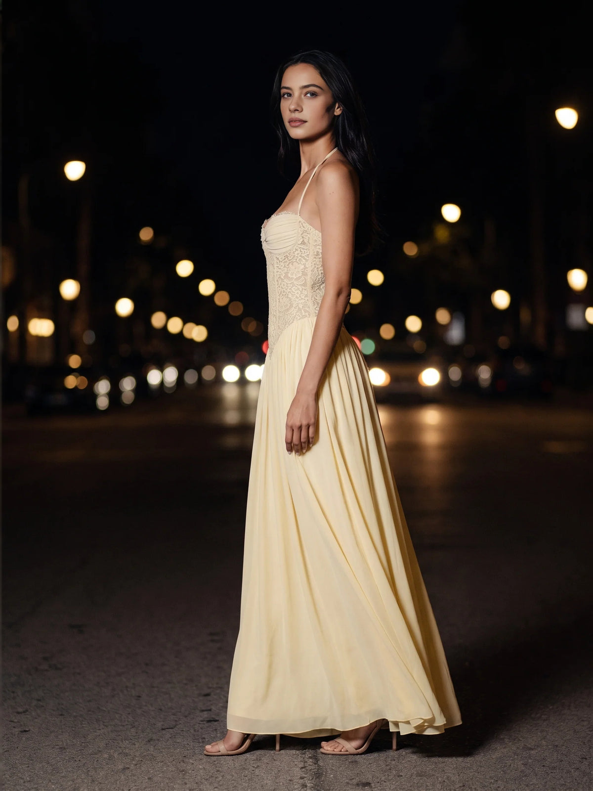 Ruched Corset Floral Halter Neck A-Line Maxi Chiffon Bridesmaid Dress for Destination Wedding