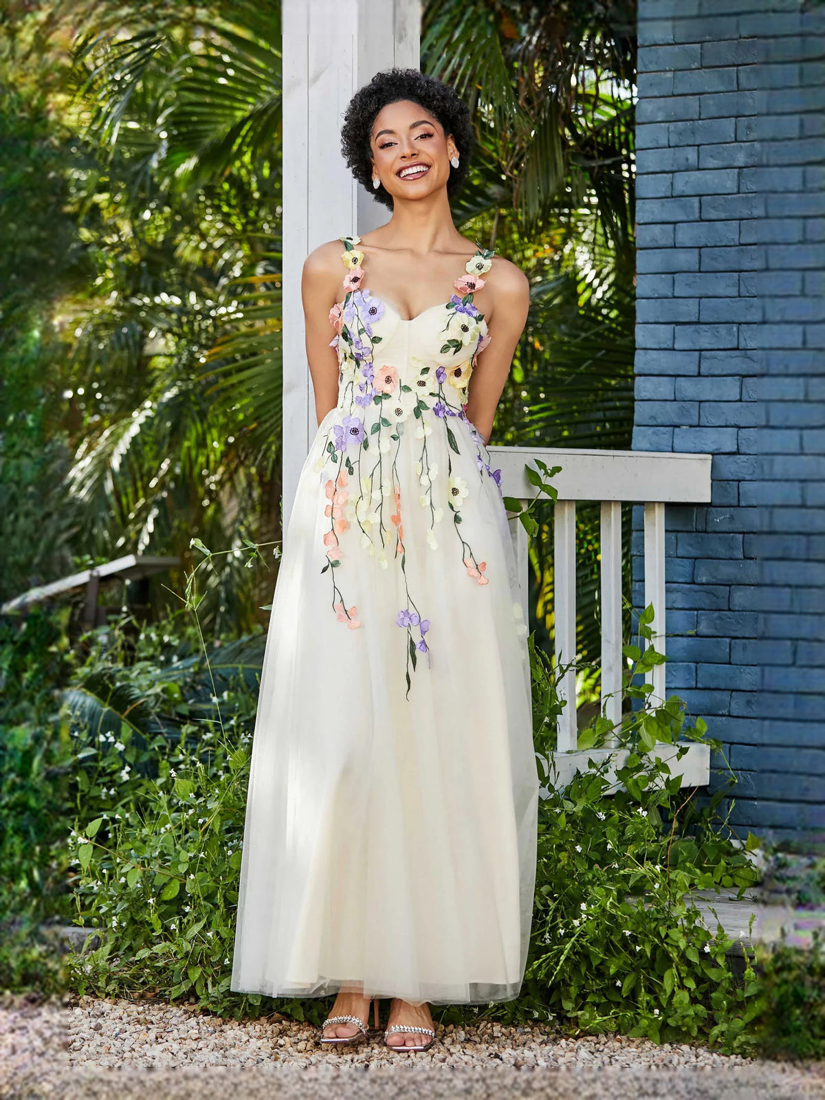 Draped Flower-Applique Floral Sweetheart A-Line Floor-Length Tulle Prom Dress for Evening Event