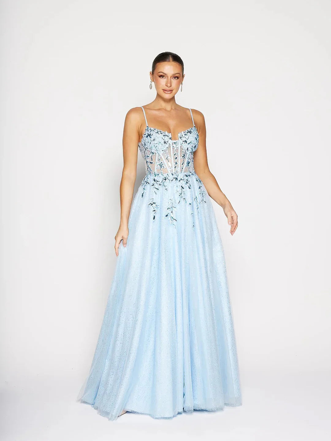 Corset Floral Slit Sweetheart A-Line Maxi Tulle Prom Dress for Gala