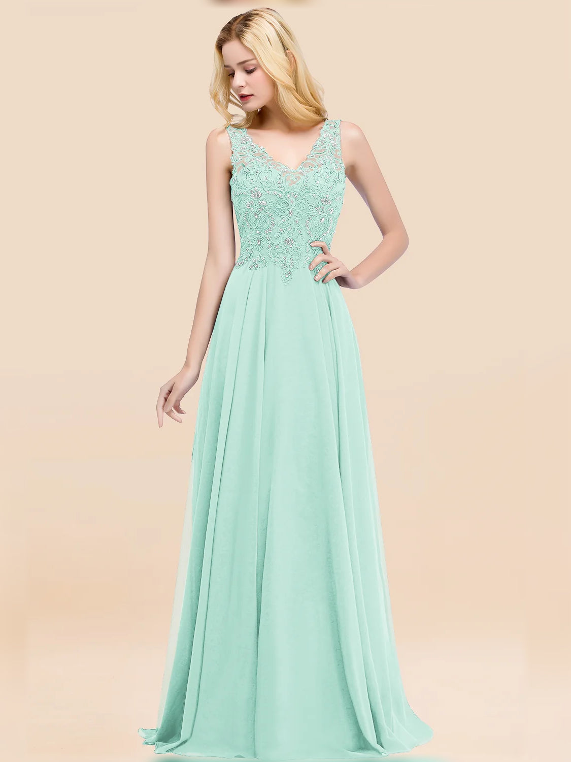 V Neck A-Line Floor-Length Chiffon Bridesmaid Dress for Formal Wedding