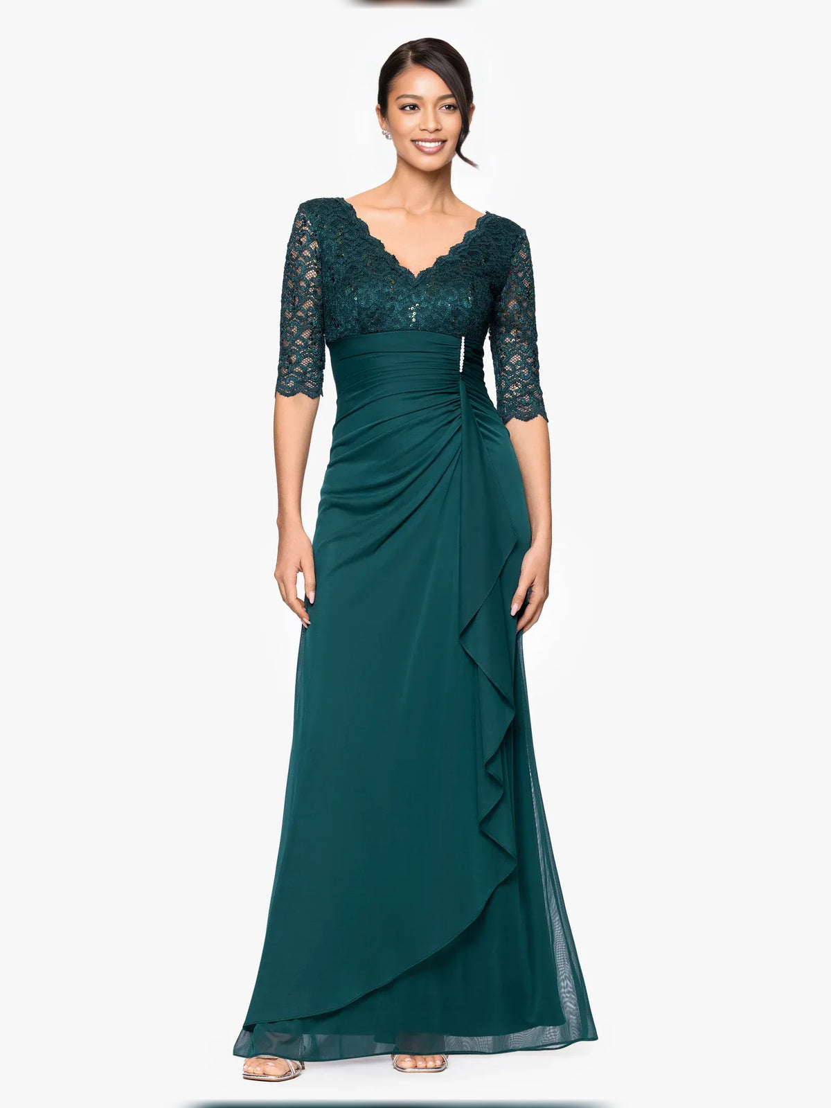 Ruched Draped V Neck A-Line Floor-Length Jersey Mother of the Bride Dress for Gala Dinner