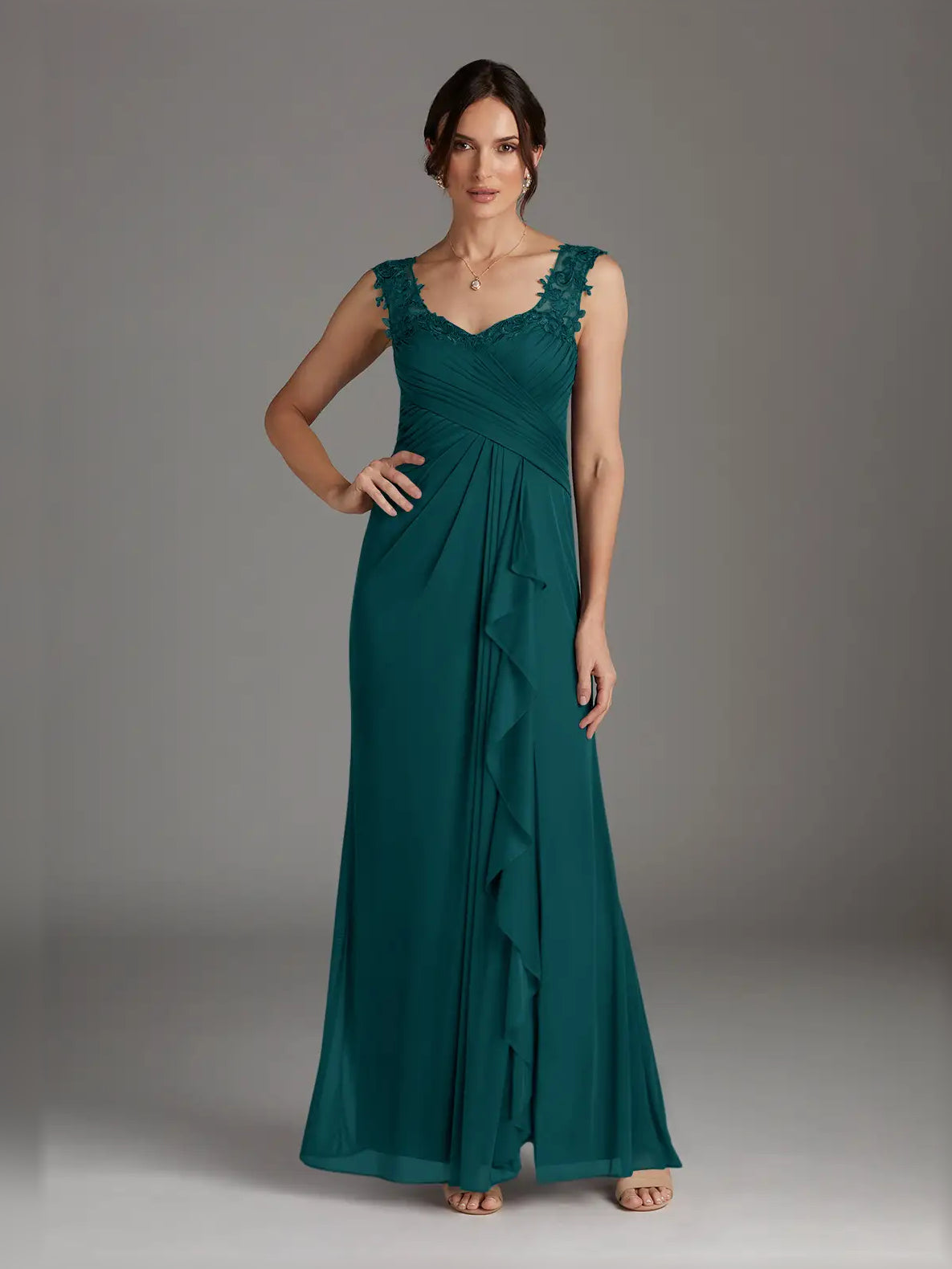 Draped Ruffled Slit V Neck A-Line Maxi Chiffon Mother of the Bride Dress for Garden Wedding