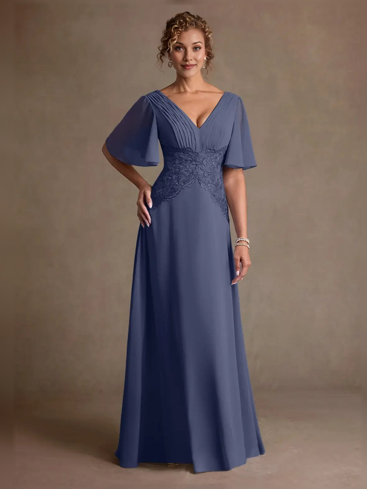 V Neck A-Line Floor-Length Chiffon Mother of the Bride Dress for Church Wedding