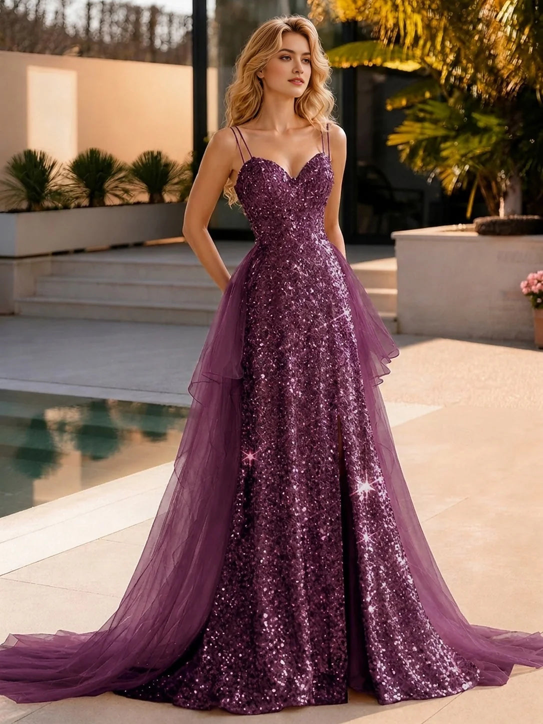 Corset Back-Slit Slit Sweetheart Mermaid Floor-Length Tulle Prom Dress for Hotel Gala