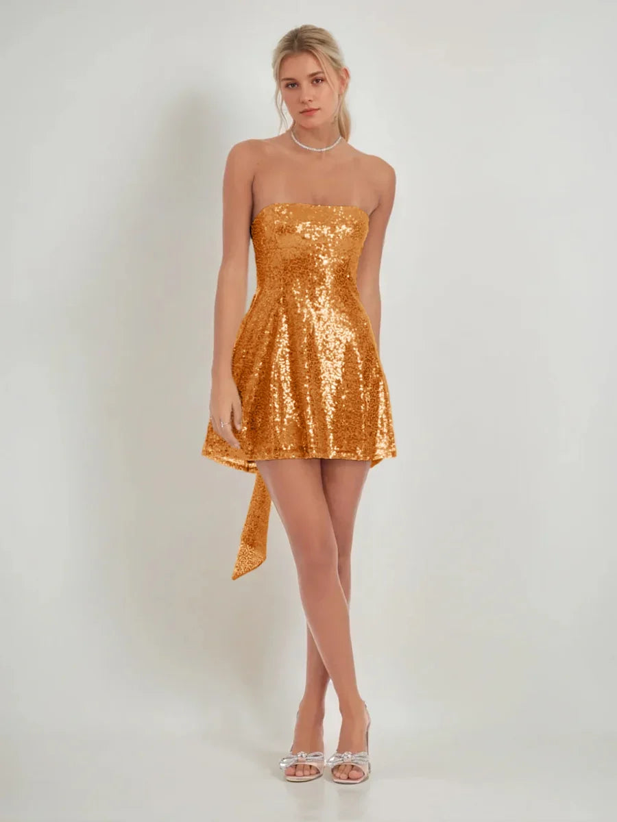 Bow Sequin Strapless A-Line Mini Homecoming Dress for Prom Night