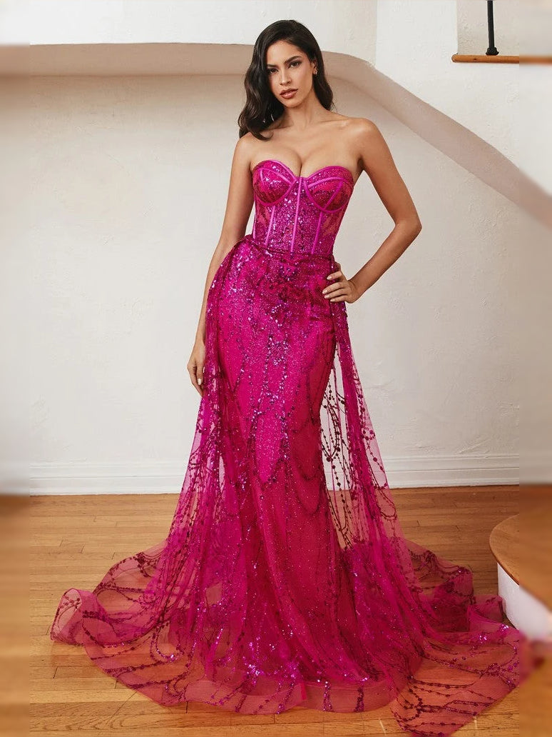 Corset Beaded Sweetheart Mermaid Floor-Length Tulle Prom Dress for Ballroom Event